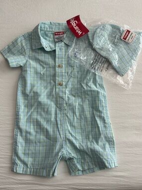 Wrangler Light Blue & Green Plaid Infant Romper with Hat